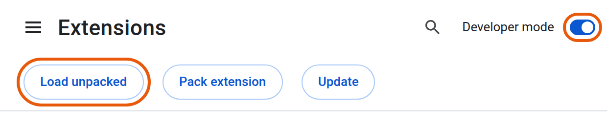 Chrome 扩展程序页面:右上角打开「开发者模式」,左上角出现「加载已解压的扩展程序」按钮